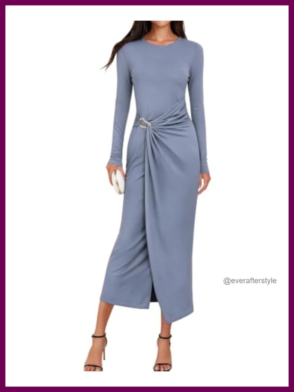 Women's Long Sleeve Midi Bodycon Dress Ruched Waist Front Slit Party Cocktail
